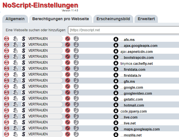 NoScript: Berechtigungen pro Webseite