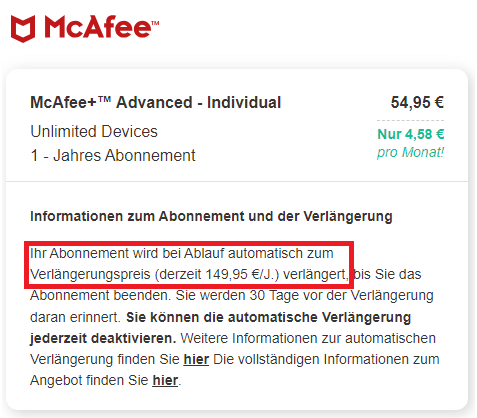 McAfee-automatische Verlängerung