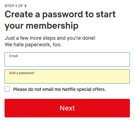 Netflix Registrierung, E-Mail und Passwort