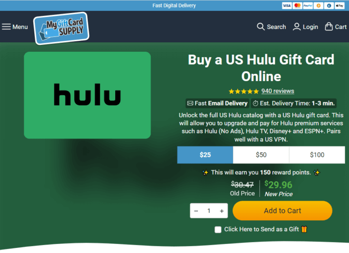 US-Hulu-Gutscheinkarte bei MyGiftCardSupply