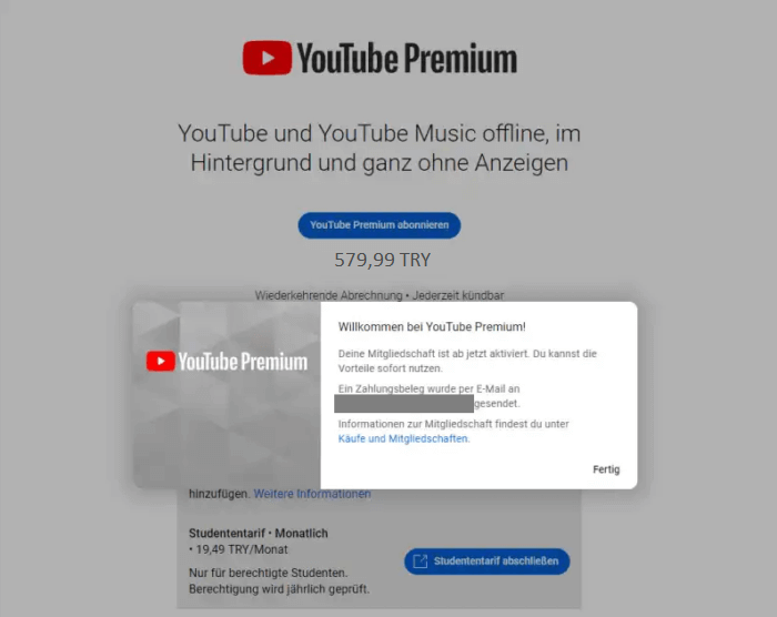 YouTube Premium erfolgreich mit VPN in der Türkei