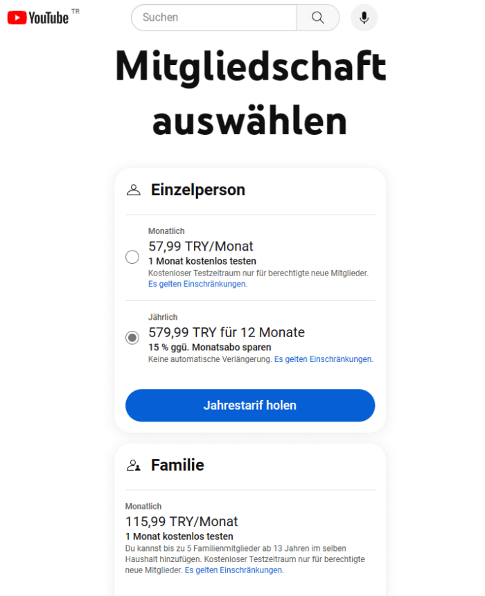 YouTube Premium Preise in der Türkei