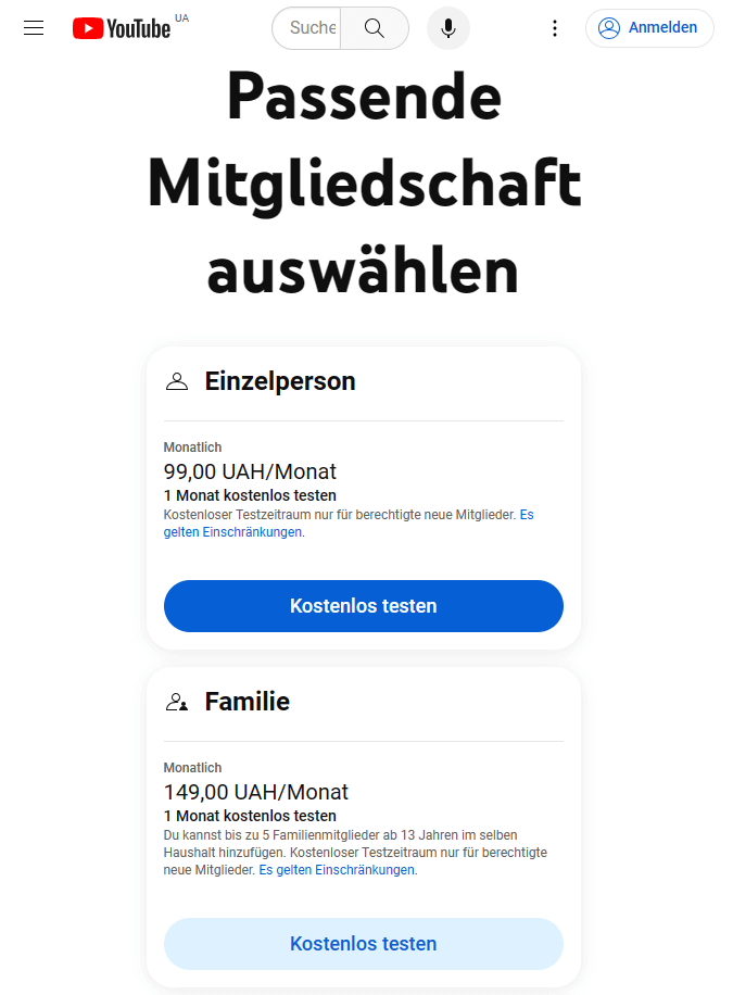 YouTube Premium Preise per VPN in der Ukraine