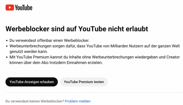 Werbeblocker auf YouTube nicht erlaubt