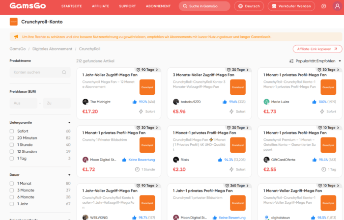 Derzeit sind über 200 Crunchyroll-Angebote auf dem GamsGo-Marktplatz verfügbar.