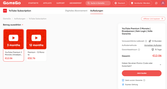 YouTube Premium über GamsGo